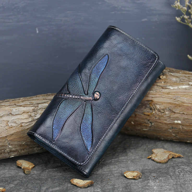 Slim Wallets for Women Embossed Dragonfly Leather Wallet Cellphone Clutch-DarkBlue