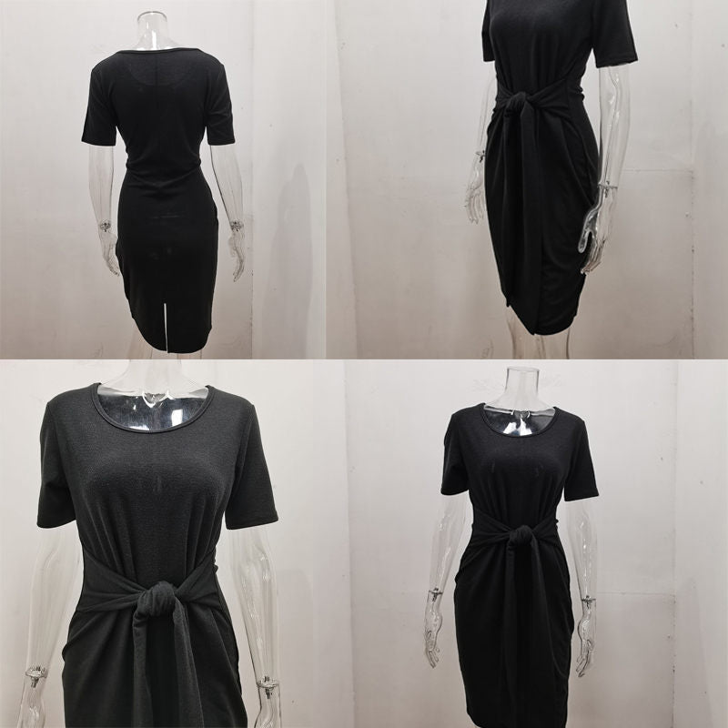 Womens Elastic Cocktail Party Elegant Dress Body Dress With Belt-Black