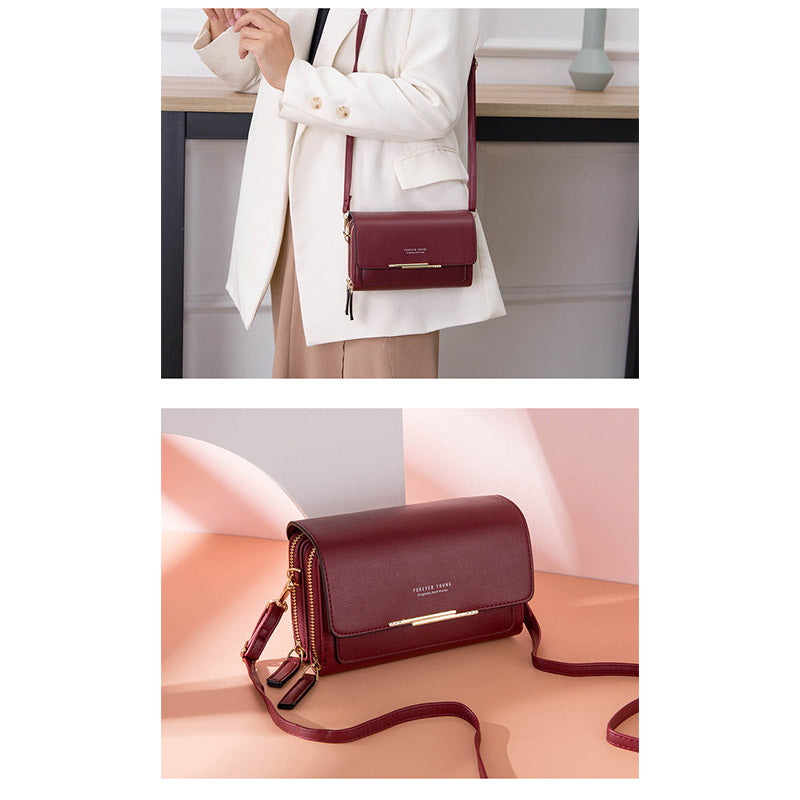 Womens Multiple Card Slots Crossbody Shoulder Bag Large Capacity Wallet-WineRed