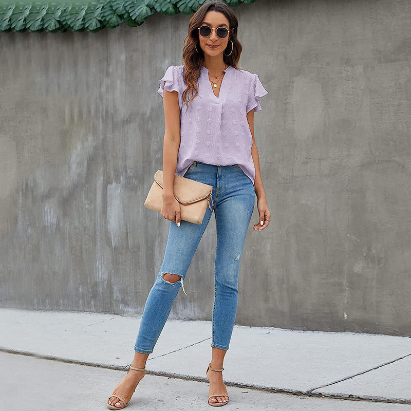 Womens Ruffle Shirts V Neck Short Sleeve Pom Chiffon Blouses Tops-Light Purple
