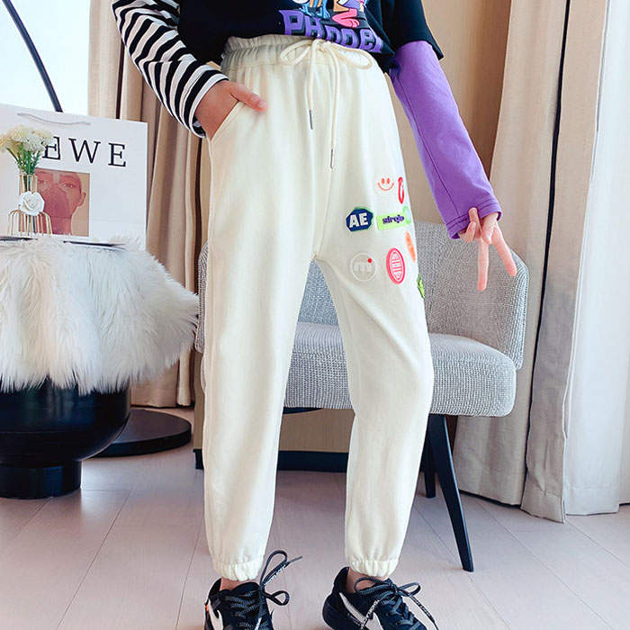 Girls Joggers Long Pants Pockets Outdoor Casual Trousers with Drawstring Icon-Beige