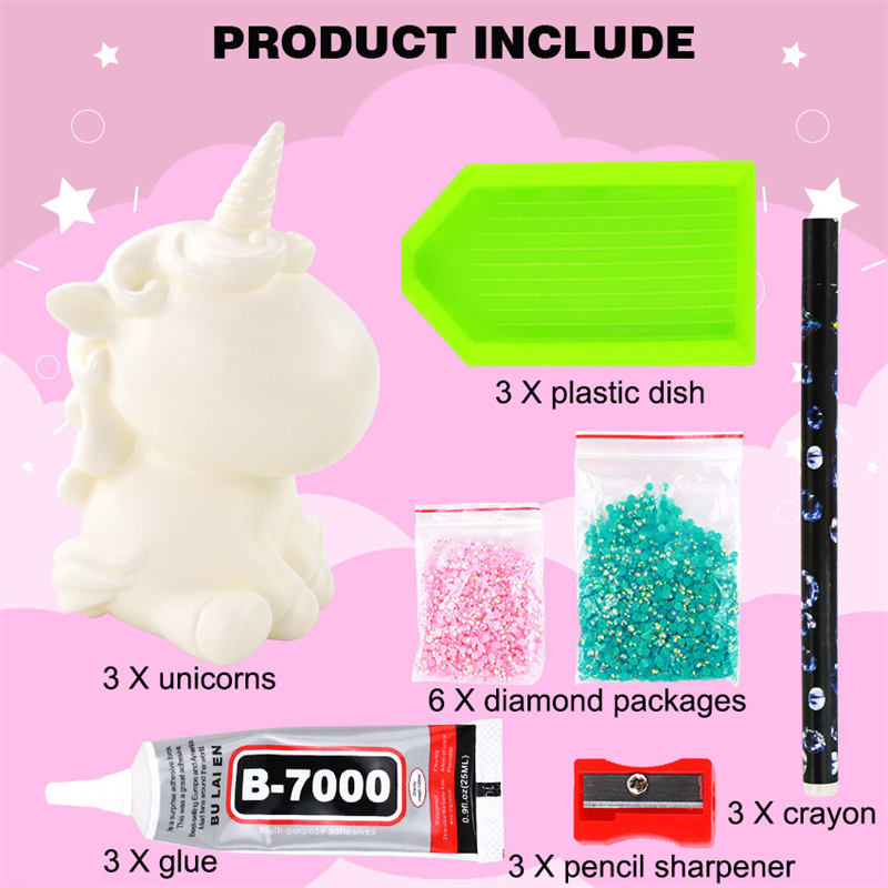 3 Pcs DIY Diamond Painting Unicorn Keychain Kit Decor Crafts for Kids Ages 6-12-SetB