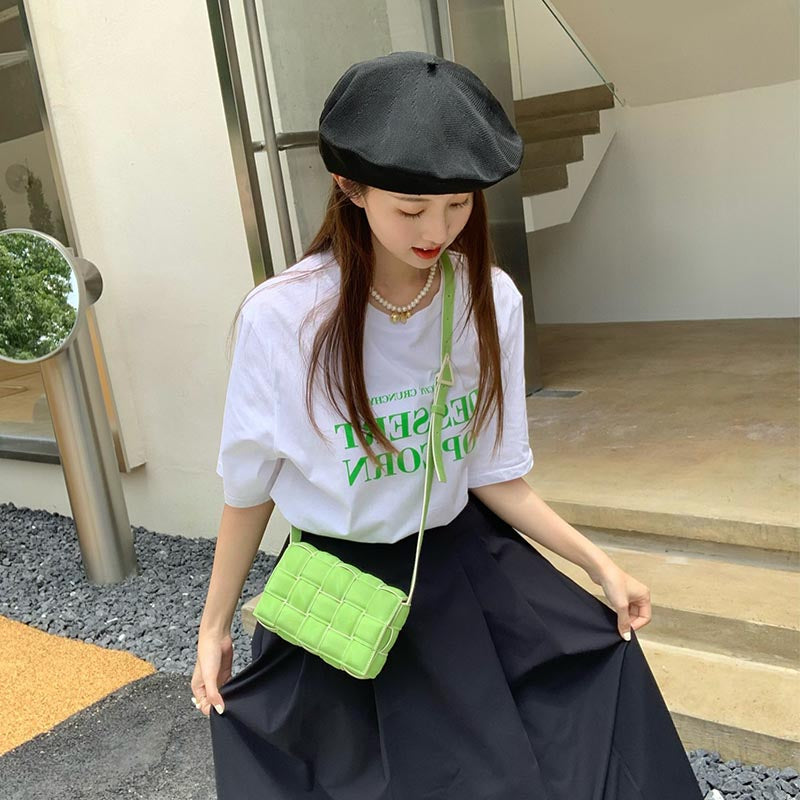 Casual Soft Crossbody Bag Square Design Braided Handbag-Green