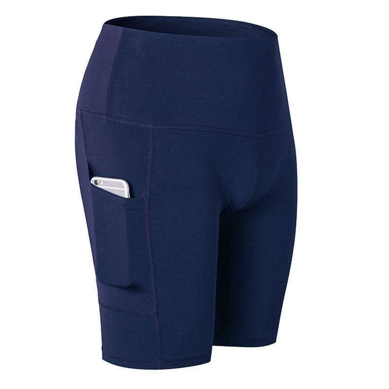 Women Yoga Shorts With Pocket High Waist Fitness Running Leggings Sports Quick Drying Tight Pants 2048-Navy Blue