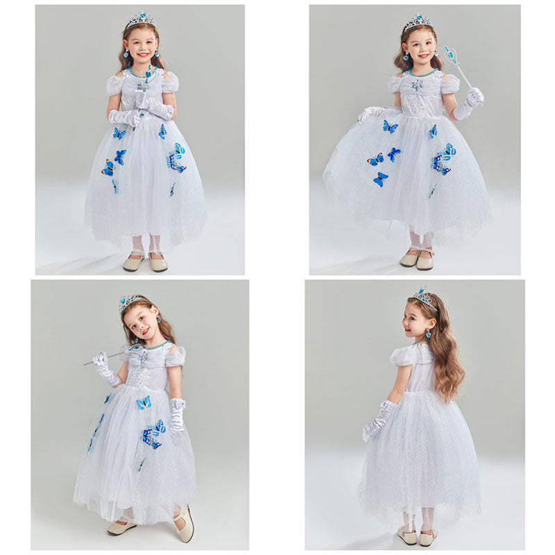 Girls Princess Dress with Accessories Butterflies Tulle Party Gown-White