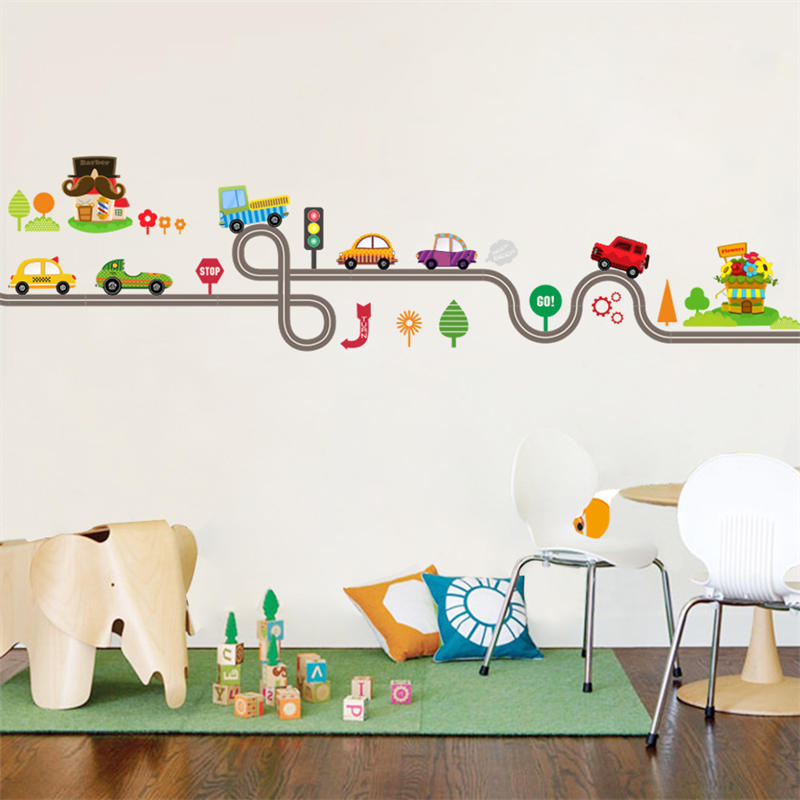 Removable Cute Cartoon Kids Room Wall Decal City Car Circled Curved Road Wall Stickers-083