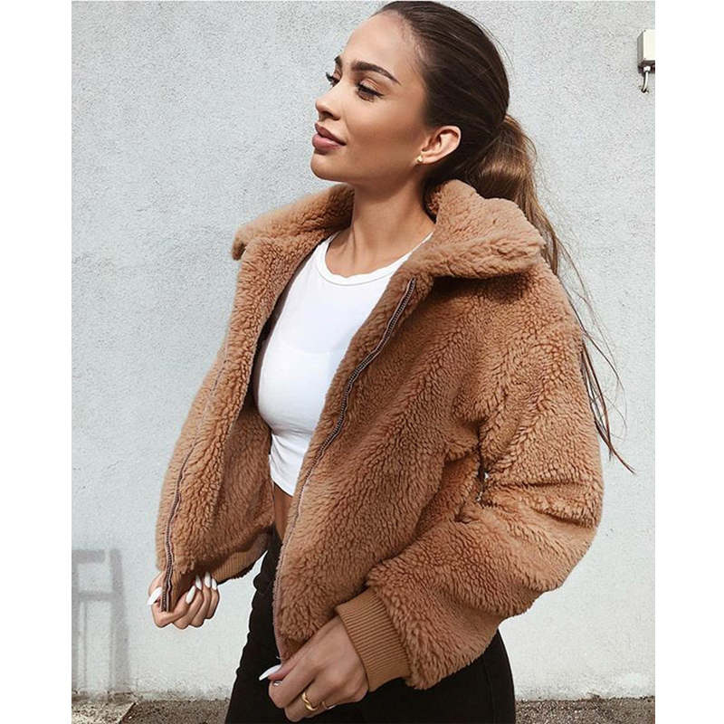 Womens Sherpa Fleece Jackets Lapel Zip Up Winter Warm Crop Outwear-Light Tan