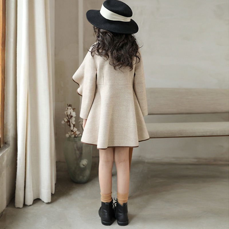 Girls Woolen Long Coat Jacket Autumn Winter Warm Trench England Style-Khaki