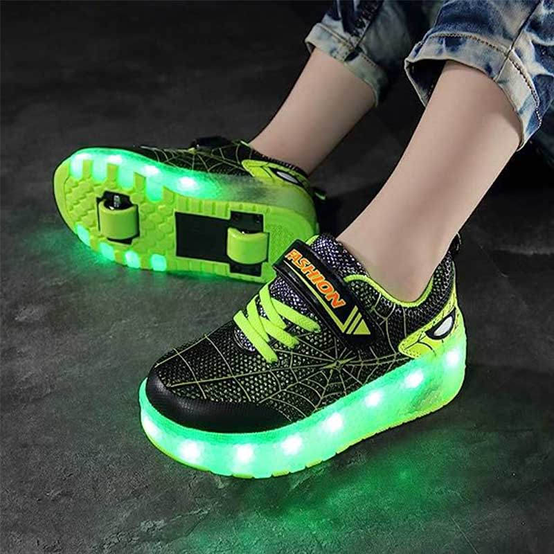 Double Wheel Roller Skate Shoes Light Up Sneakers for Boys Girls-Black Green