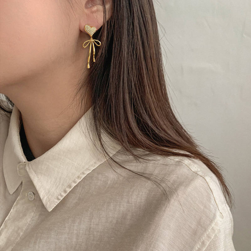 Pair Of Asymmetric Heart Bow Dangle Stud Earrings For Women