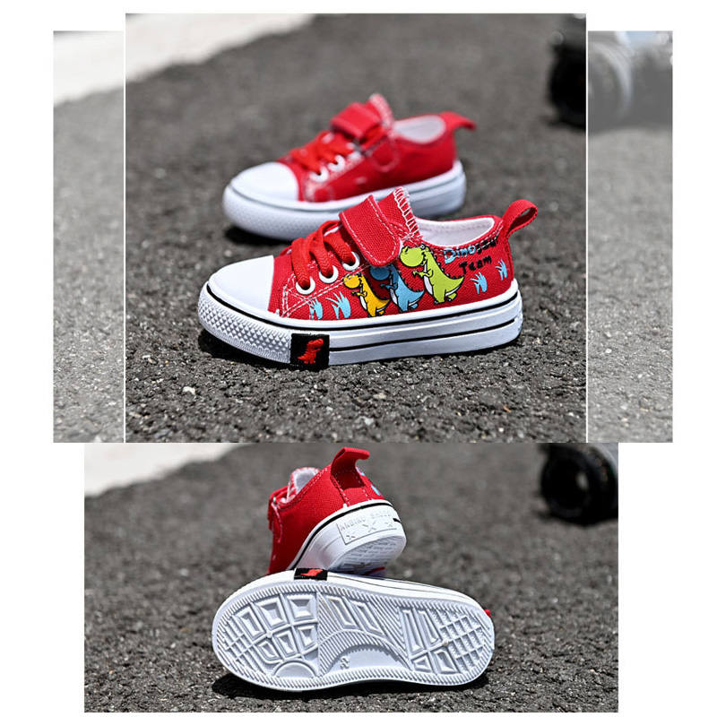 Toddler-Unisex Canvas Sneakers Cartoon Dinasour Slip on Shoes-Red