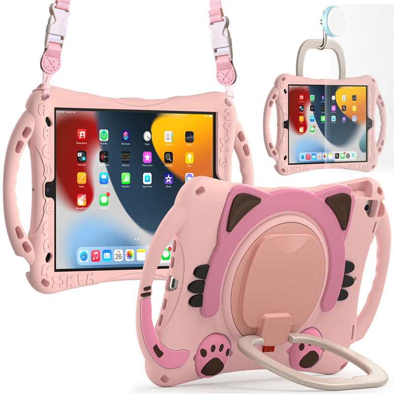 CatB Silicone Case For iPad 10.2 Air10.5 Pro10.5 Shockproof Shoulder Strap Handle Stand-Pink