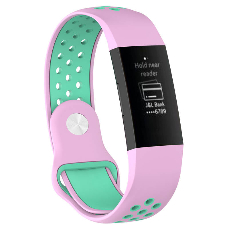 Double Color Porous Breathable Watch Band Silicone Wristband For Fitbit Charge 3 Sport Smartwatch -Pink Teal