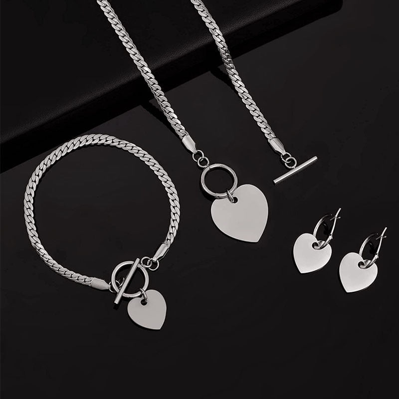 Heart Pendant Necklace Bracelet Earrings 3 Piece Set-Silver