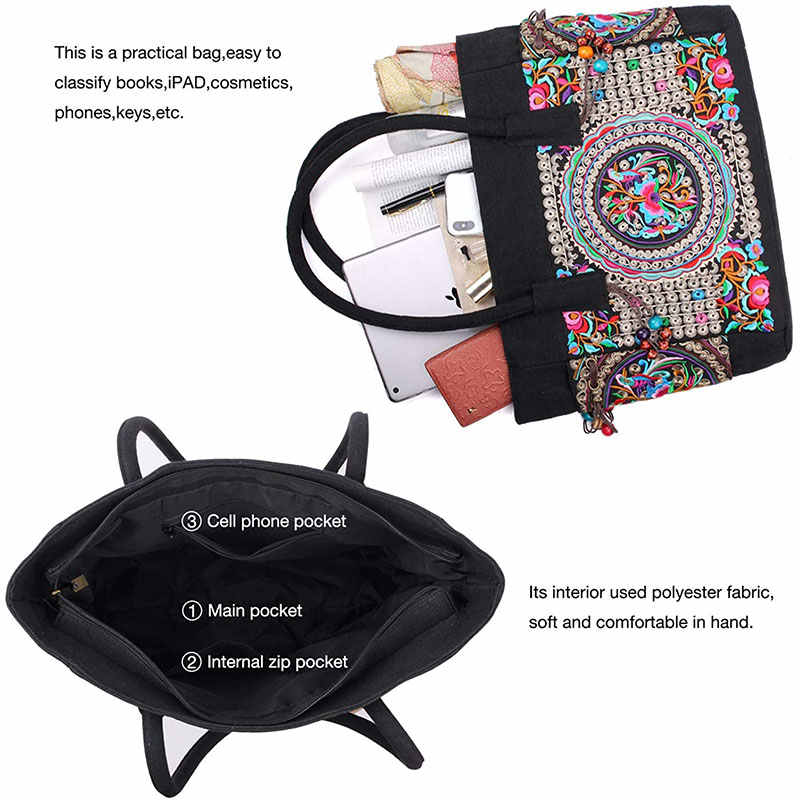 Embroidered Canvas Top Handle Handbag Ladies Casual Vintage Shoulder Bag-A