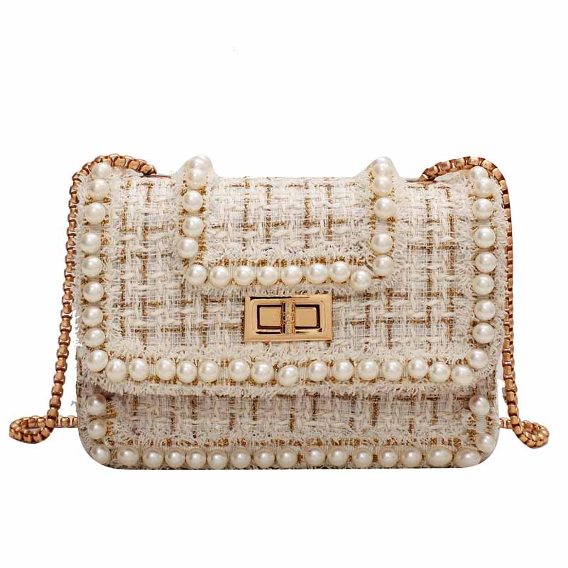 Women Tweed Pearl Chain Purse Crossbody Bag-White