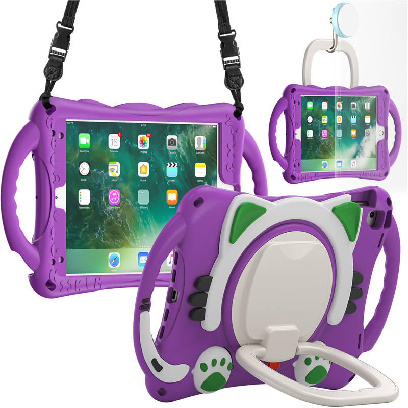 CatB Silicone Case For iPad Pro 9.7 inch Air1/2 Shockproof Shoulder Strap Handle Stand-Purple