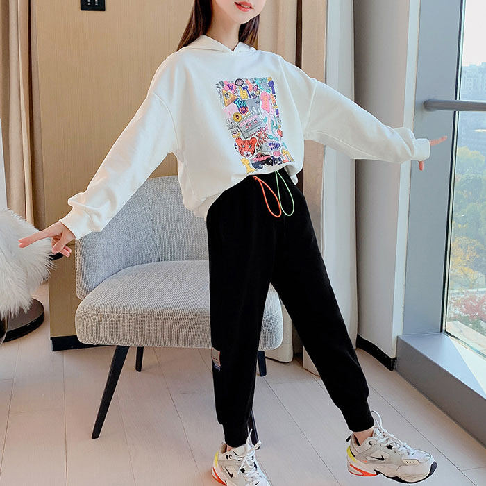 Girls Joggers Long Pants Pockets Outdoor Casual Trousers with Two-color Drawstring-Black