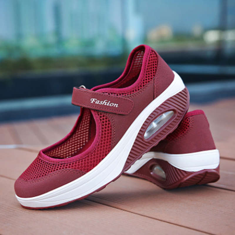Women Casual Air Cushion Sneakers Velcro Mary Jane Shoes-Red