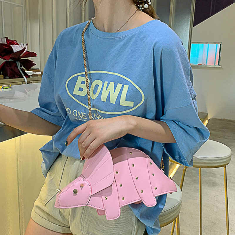 Dinosaur Shape Crossbody Shoulder Bag Women Pu Leather Rivet Chic Clutch-Pink