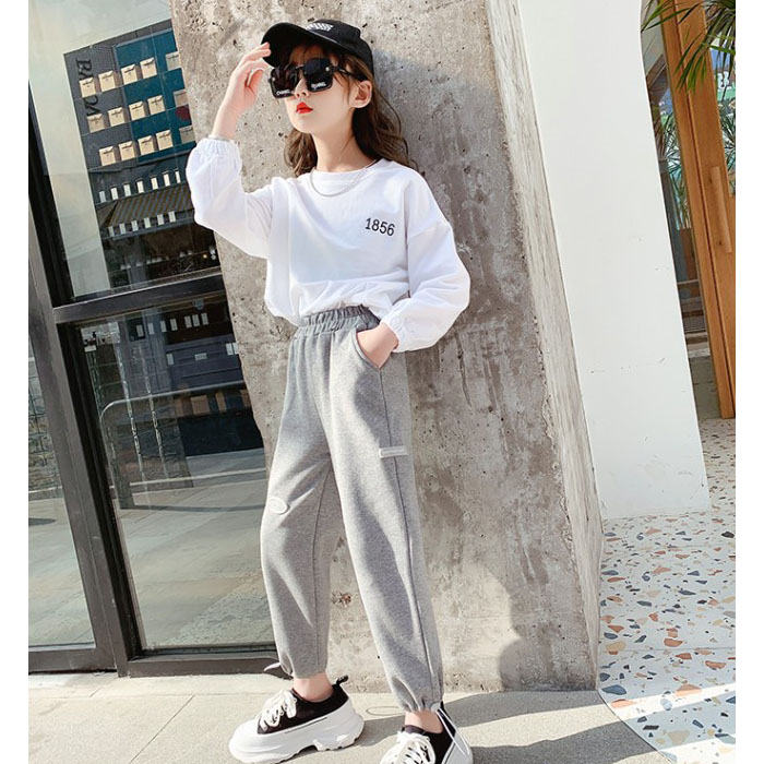 Girls Joggers Long Pants Pockets Outdoor Casual Trousers TwoWear-Gray