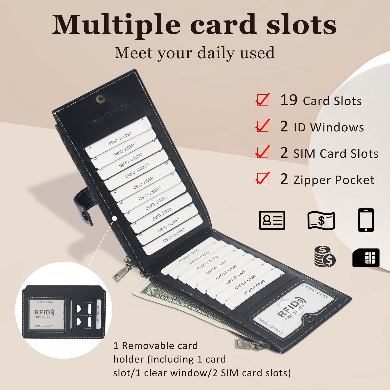 Womens Wallet RFID Blocking Credit Card Holder Large Capacity Bifold Multi Card Case with Zipper Pocket-Black