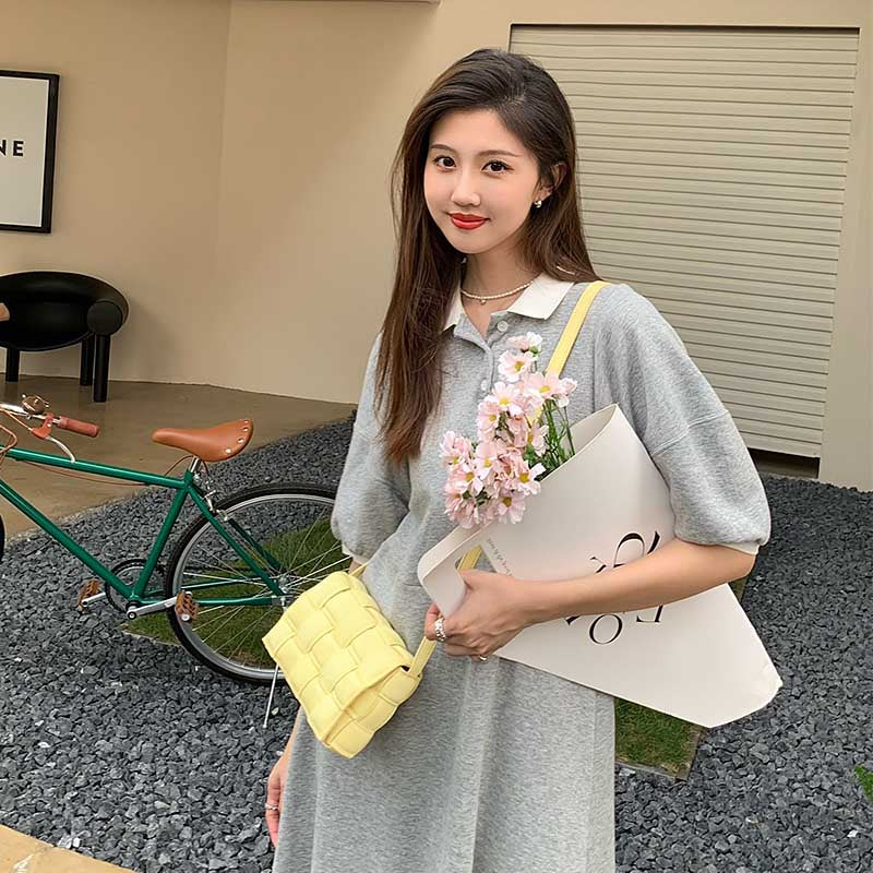 Casual Soft Crossbody Bag Square Design Braided Handbag-Yellow