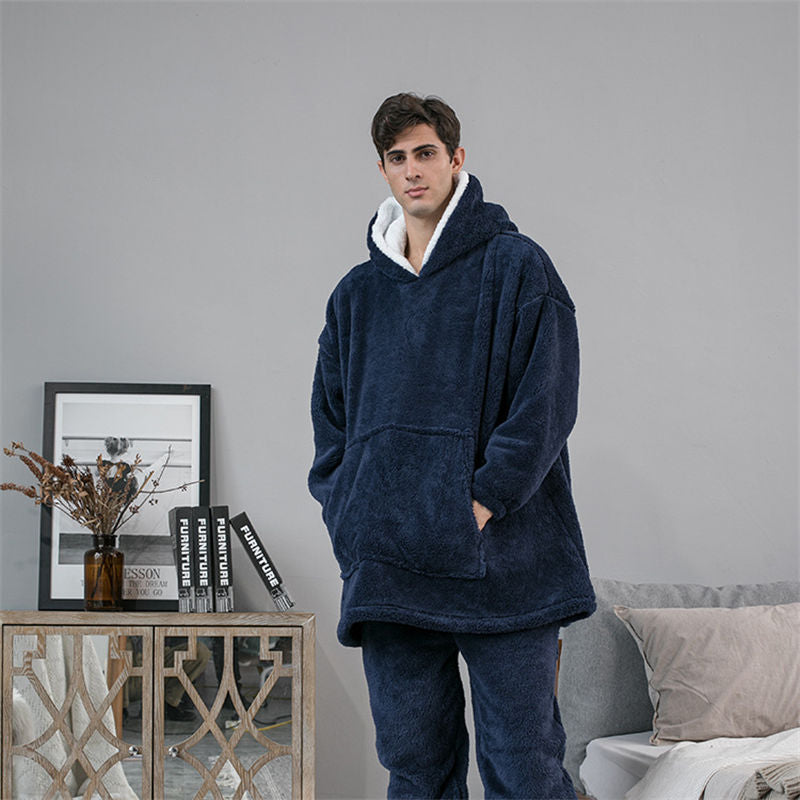 Hooded Pajama Top with Pocket for Unisex-Navy Blue