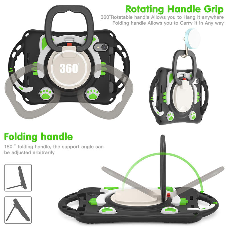 CatB Silicone Case For iPad Mini 6 Shockproof Shoulder Strap Handle Stand-Black Green
