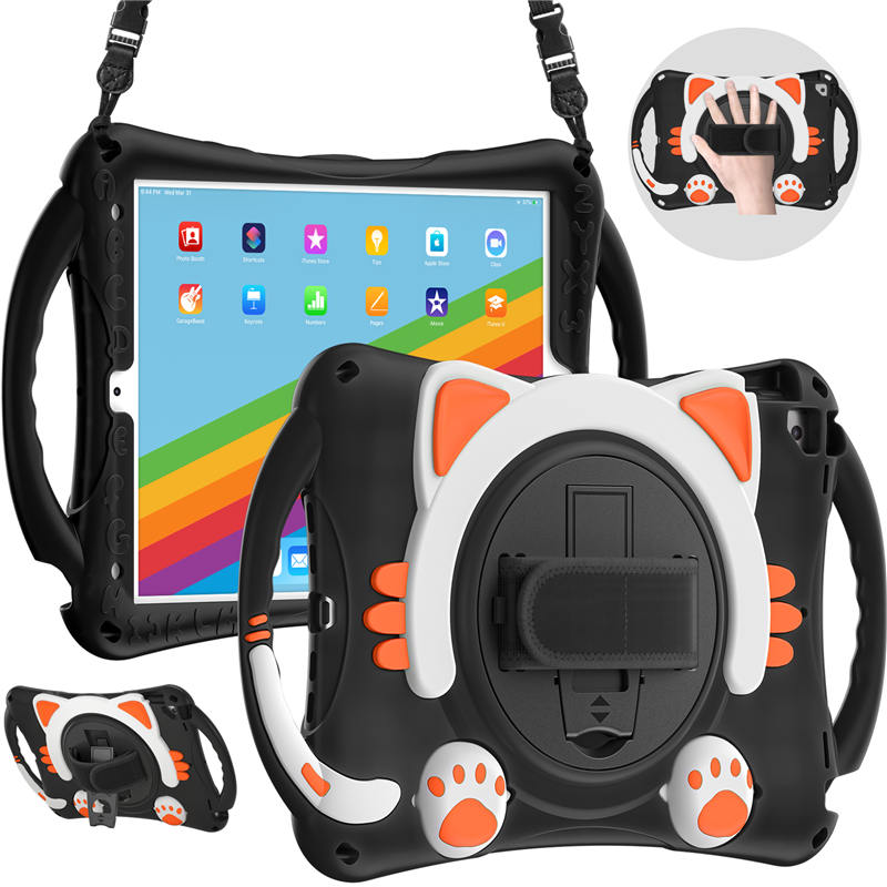CatA iPad Silicone Case For iPad 10.2 Air10.5 Pro10.5 Built-in Handle Stand With a Strap-Black Orange
