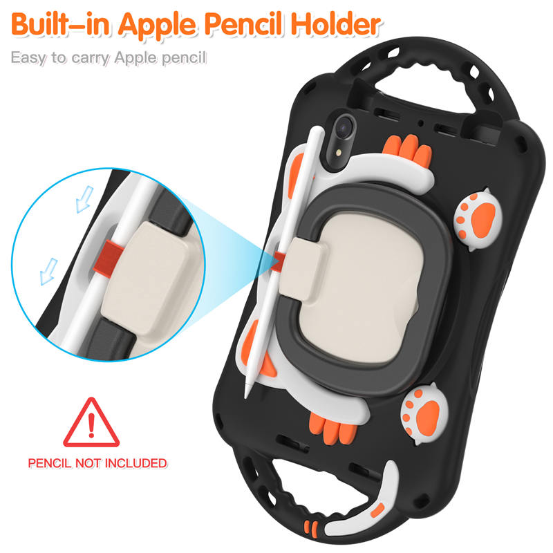 CatB Silicone Case For iPad Mini 6 Shockproof Shoulder Strap Handle Stand-Black Orange