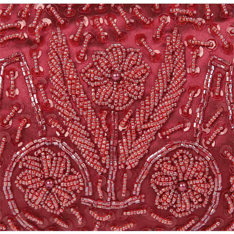 Beaded Sequin Design Flower Evening Purse Large Clutch Bag-WineRed
