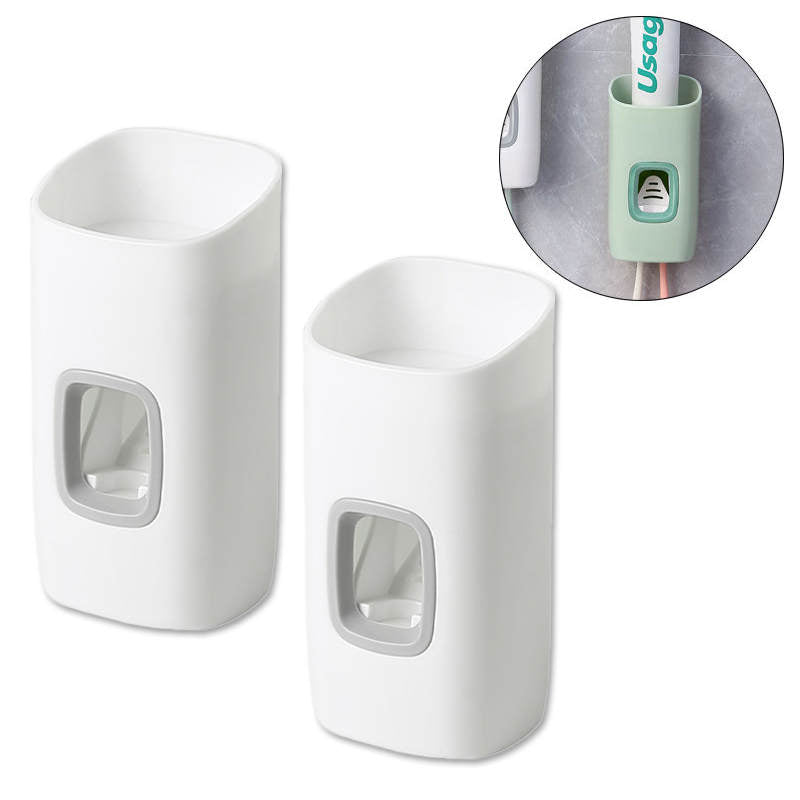2Pcs Toothpaste Dispenser and Toothbrush Holder Set Wall Mounted Bathroom Accessories-White