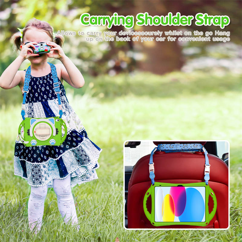 Cat Tablet Case For iPad 10th Rugged with Shoulder Strap-Green