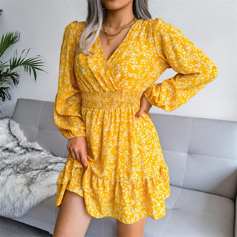 Womens Floral Long Sleeve V Neck Elastic High Waist Chiffon Dress-Yellow
