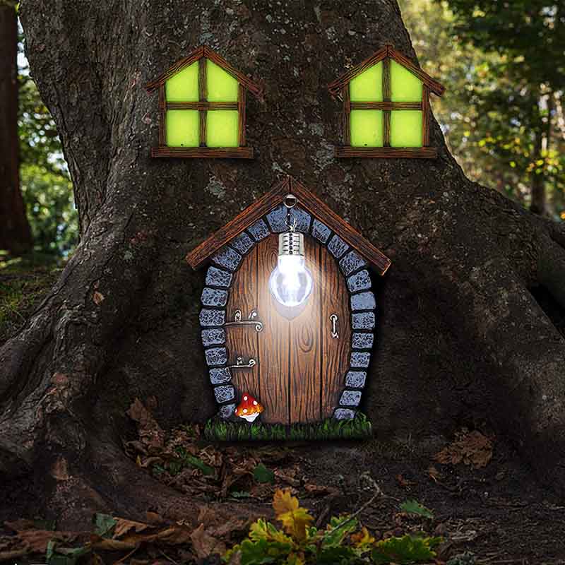 Gnome Home Miniature Window and Door with Litter lamp for Trees Decoration Glow in Dark Fairies Sleeping Door and Windows