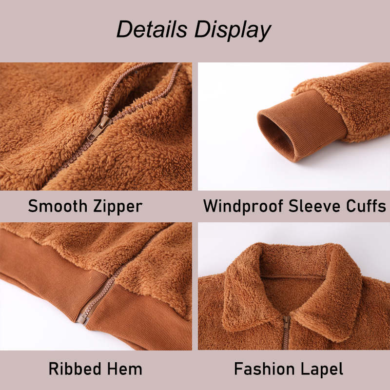 Womens Sherpa Fleece Jackets Lapel Zip Up Winter Warm Crop Outwear-Light Tan