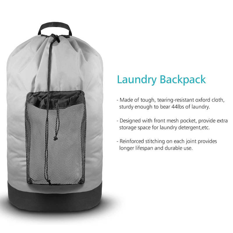 Backpack Laundry Bag With Shoulder Straps And Mesh Pocket Durable Nylon Clothes Bag for College Travel Laundromat -Gray