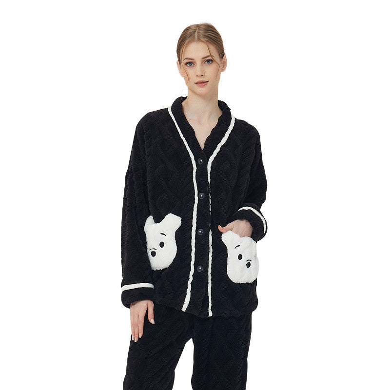 Womens V Neck Buttons Cardigan Pajamas Set-White Bear