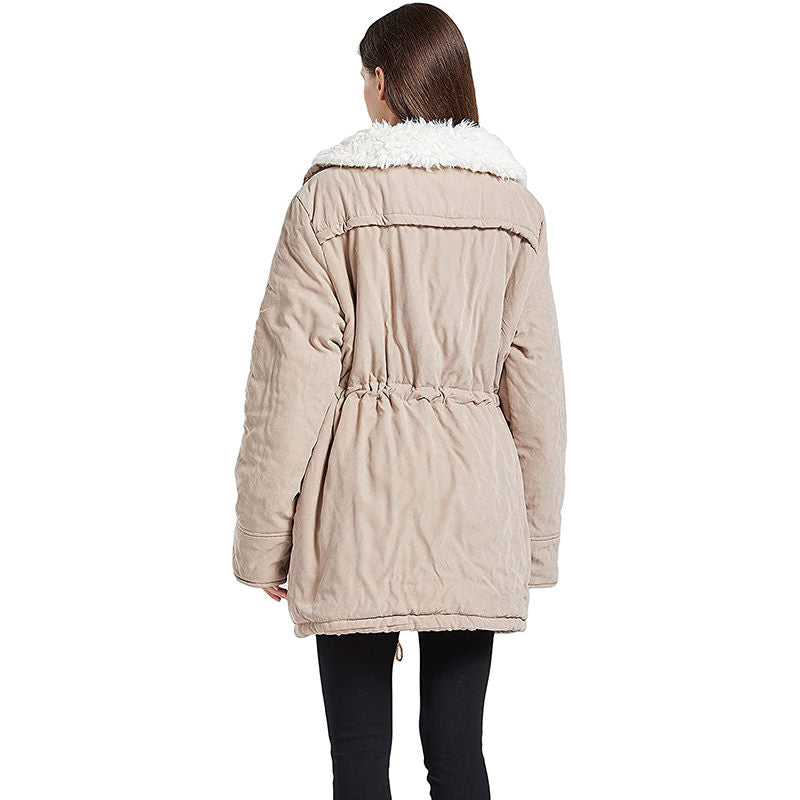Women's Mid Length Winter Coat Thickened Warm Lamb Wool Lined Jacket-Khaki