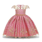 Girl Flower Lace Printed Cotton Elegant Tulle Bow Belt Princess Dress-12Pink