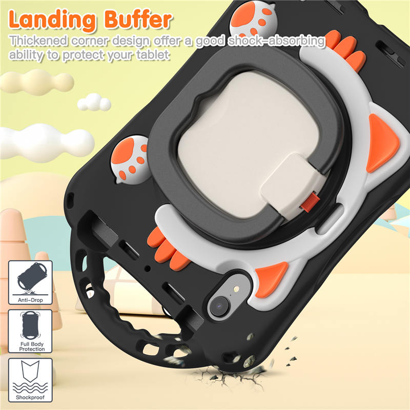CatB Silicone Case For iPad Mini 6 Shockproof Shoulder Strap Handle Stand-Black Orange