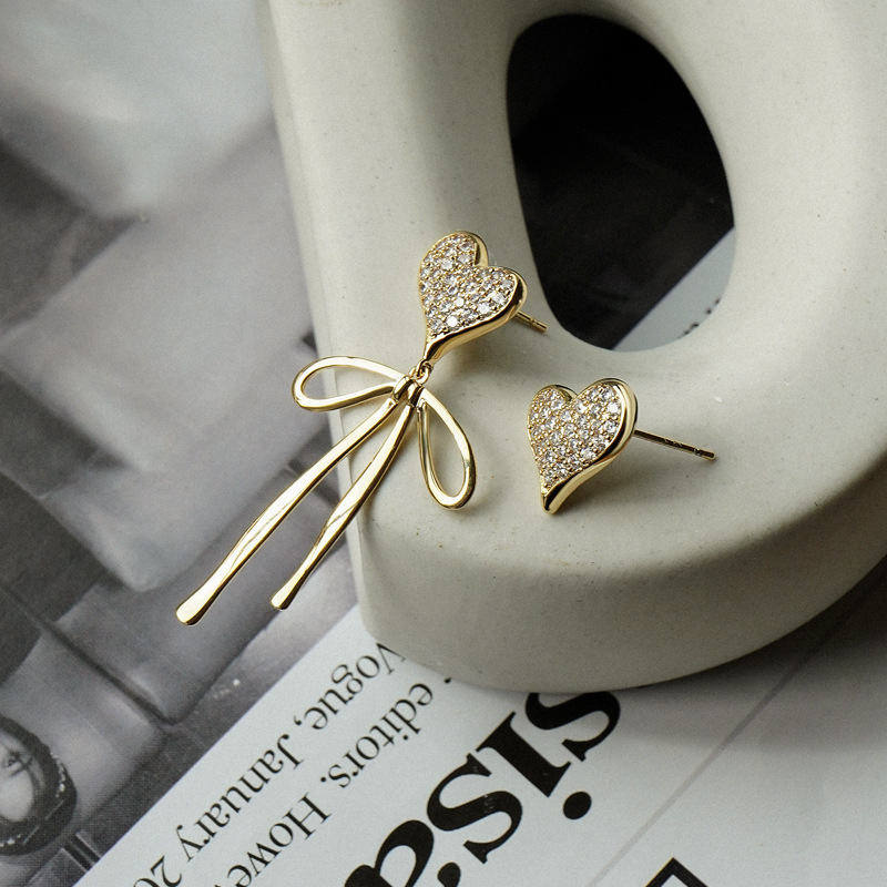 Pair Of Asymmetric Heart Bow Dangle Stud Earrings For Women
