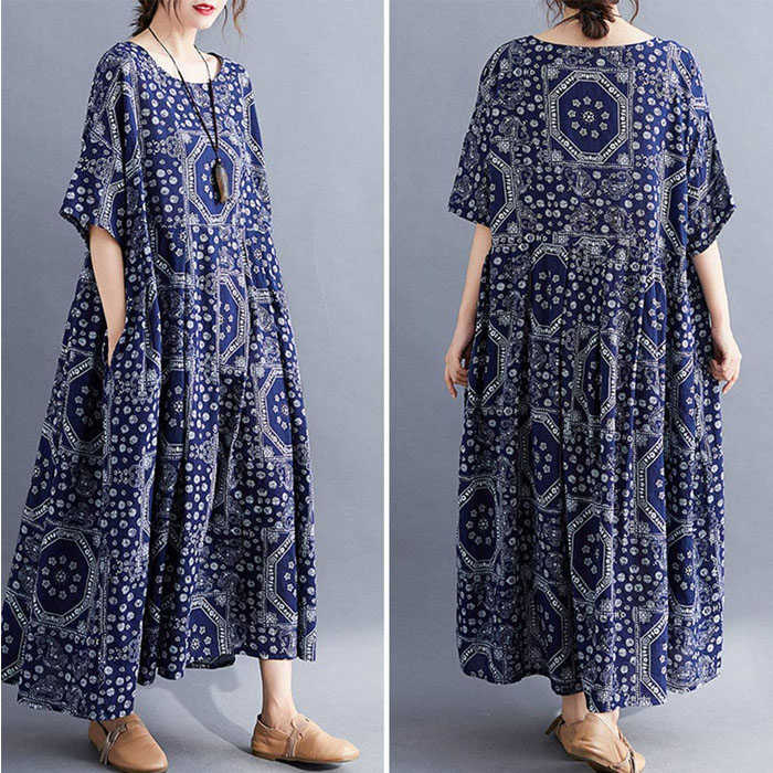 Casual Cotton Dress Women Linen Print Spliced Round Neck Literature And Art Maxi Dress
