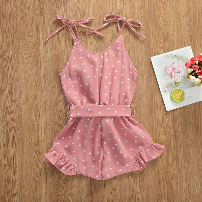 Baby Girl Clothes Self Tie Sleeveless Romper Heart Shape Print Jumpsuit-Pink