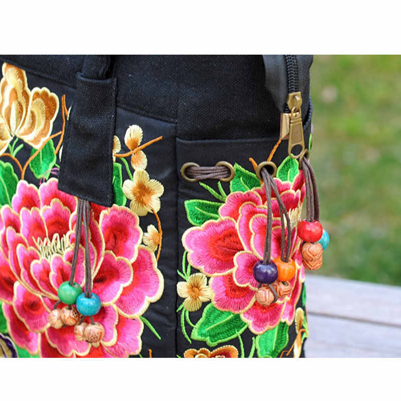 Embroidered Canvas Top Handle Handbag Ladies Casual Vintage Shoulder Bag-RedPeony