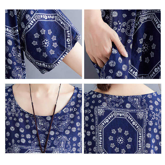 Casual Cotton Dress Women Linen Print Spliced Round Neck Literature And Art Maxi Dress