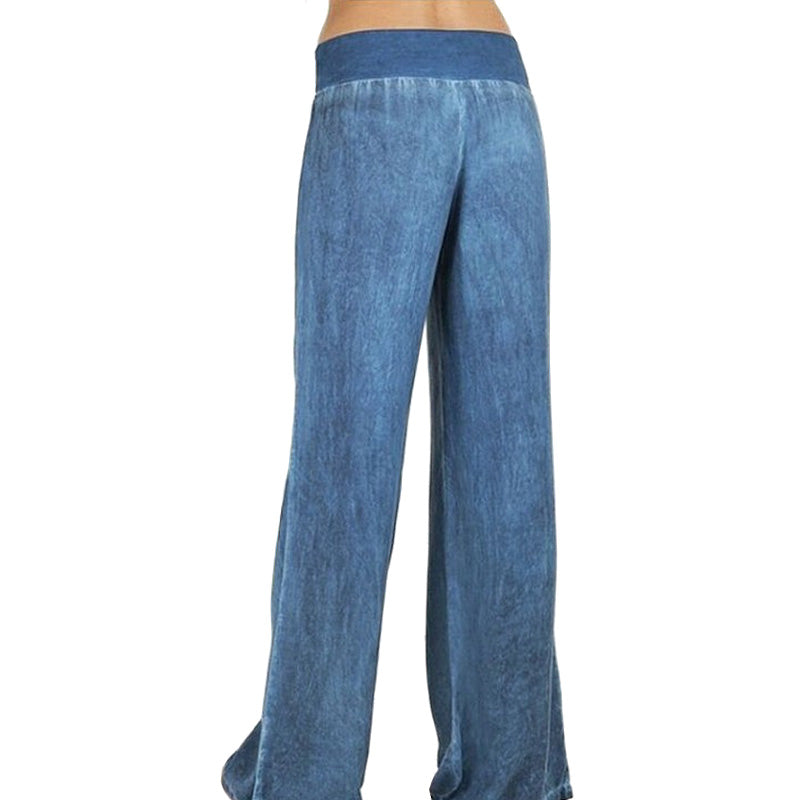 Womens Casual Leg Palazzo Pants Loose Straight Trousers-Blue
