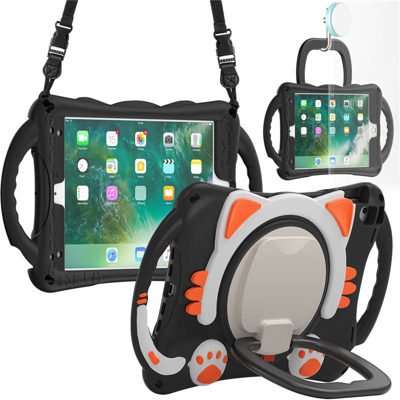CatB Silicone Case For iPad Pro 9.7 inch Air1/2 Shockproof Shoulder Strap Handle Stand-Black Orange