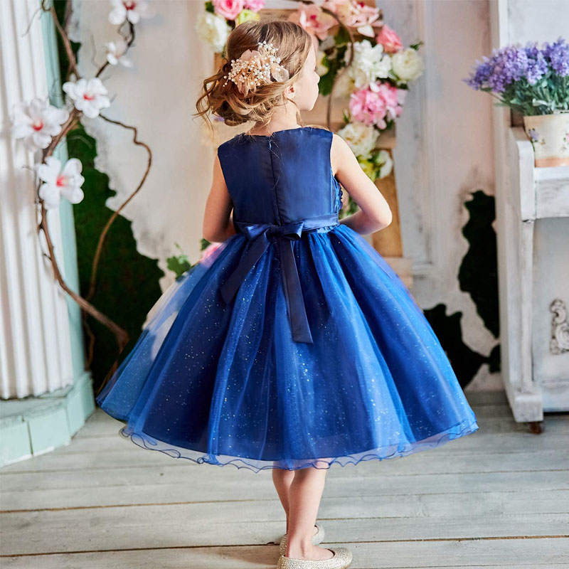 Girl Sleeveless Lace 3D Flower Tutu Holiday Princess Wedding Dresses-Deep Blue